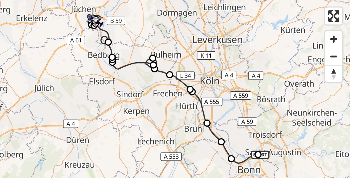 Flugroute Polizeihubschrauber Sankt Augustin - Gustorfer Höhe Flugplatz, 18 Mai 2026, 07:48