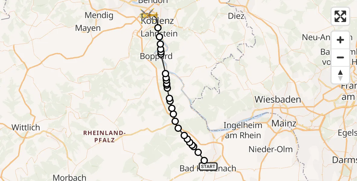 Flugroute Rettungshubschrauber Bad Kreuznach - Koblenz, 18 Mai 2026, 07:49
