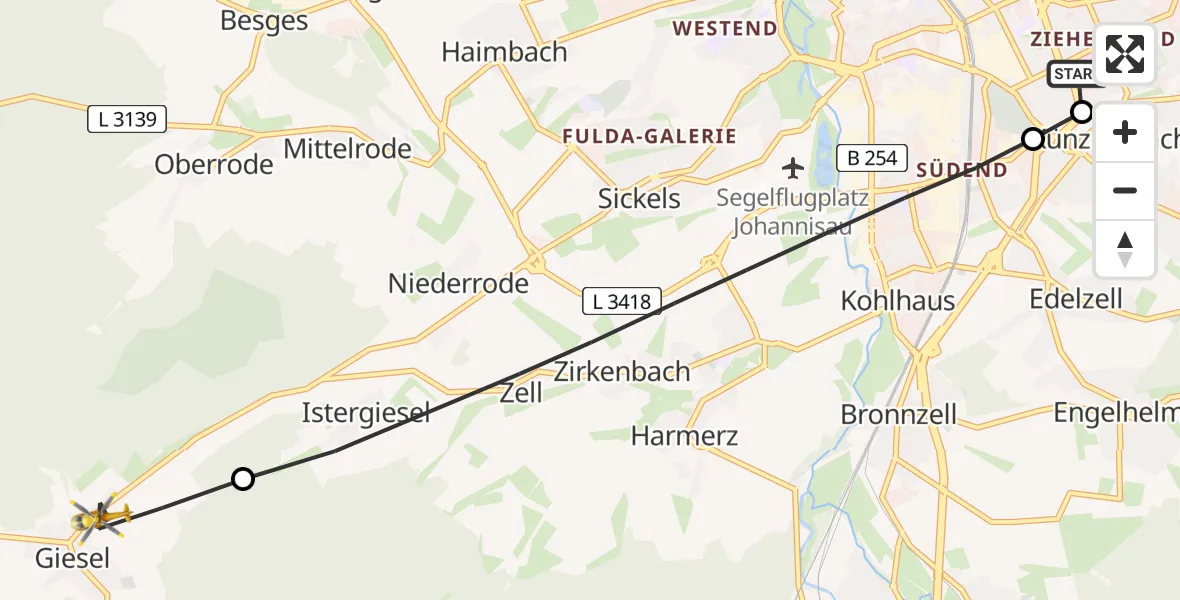 Flugroute Rettungshubschrauber Fulda Hospital - Neuhof, 18 Mai 2026, 07:50
