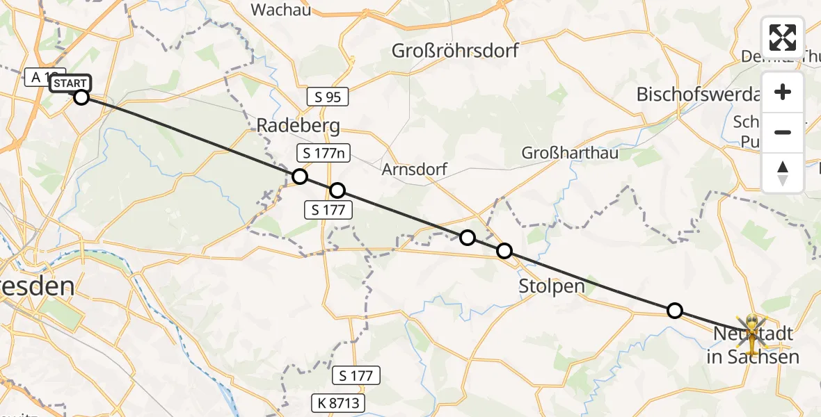 Flugroute Rettungshubschrauber Dresden Flughafen - Neustadt in Sachsen, 18 Mai 2026, 07:52