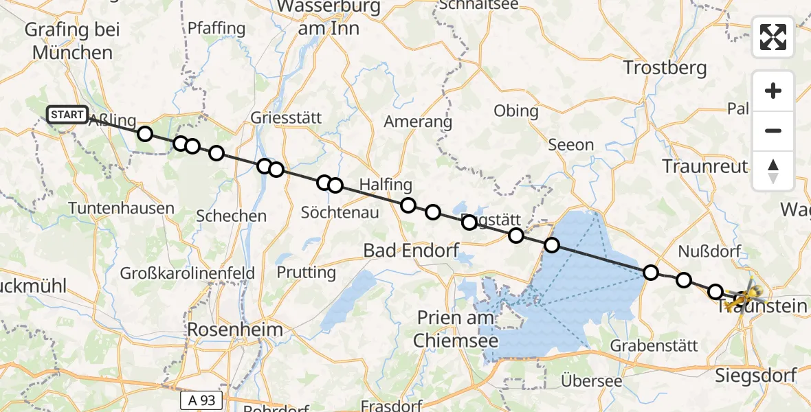 Flugroute Rettungshubschrauber Aßling - Traunstein Hospital, 18 Mai 2026, 07:52