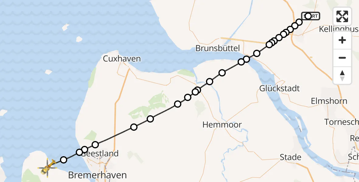 Flugroute Rettungshubschrauber Hohenlockstedt - Butjadingen, 18 Mai 2026, 07:55
