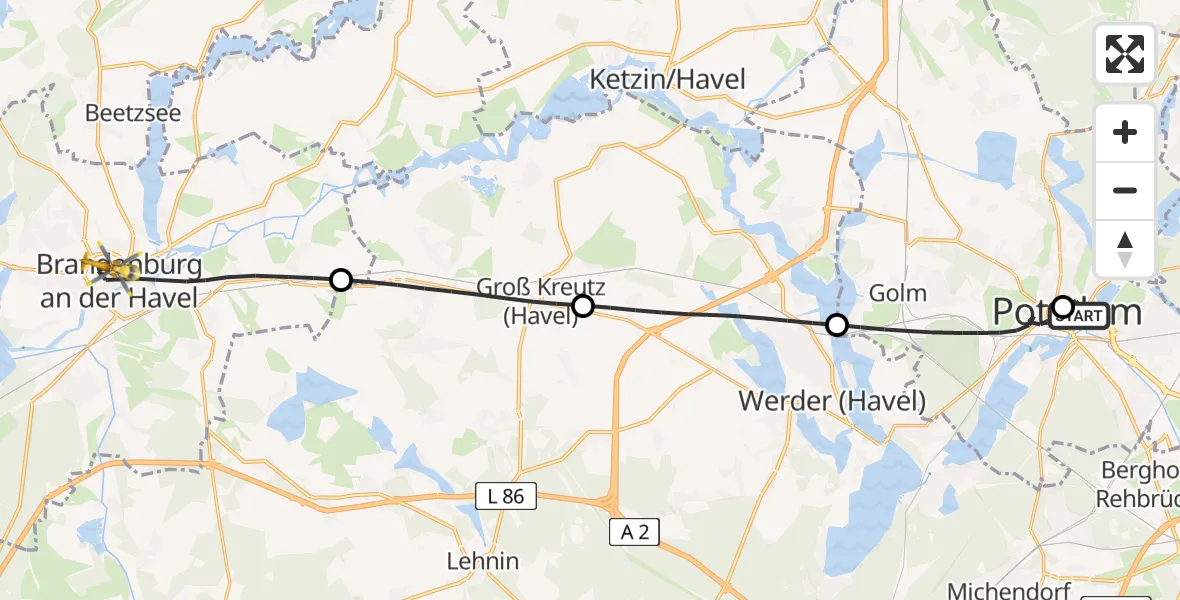 Flugroute Rettungshubschrauber Ernst von Bergmann Clinic Hubschrauberlandeplatz - Brandenburg an der Havel, 18 Mai 2026, 08:01