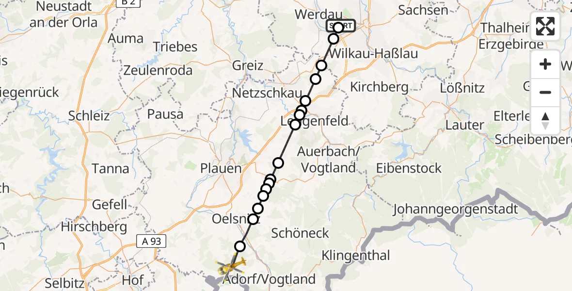 Flugroute Rettungshubschrauber ADAC Air Rescue Station Zwickau Hubschrauberlandeplatz - Eichigt, 18 Mai 2026, 08:02