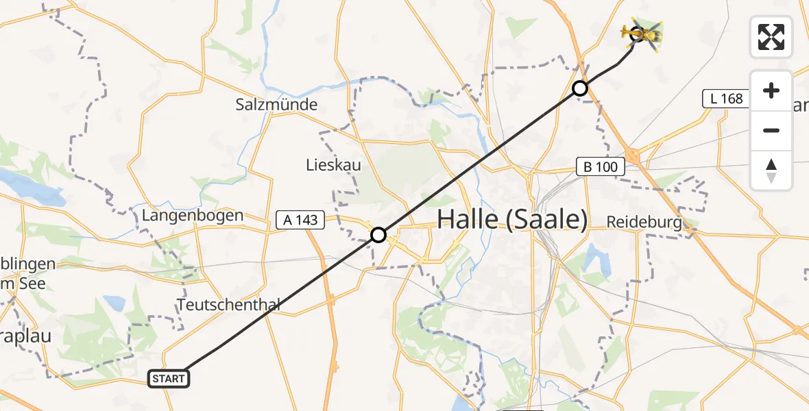 Flugroute Rettungshubschrauber Teutschenthal - Halle-Oppin Flugplatz, 18 Mai 2026, 08:04