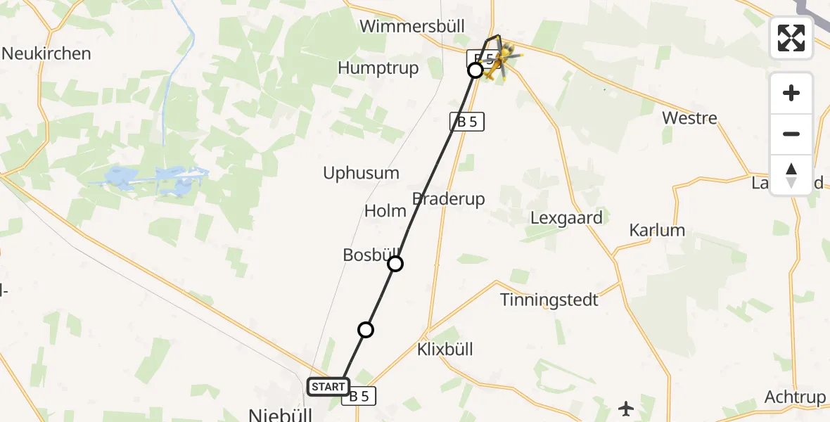 Flugroute Rettungshubschrauber Niebüll - Süderlügum, 18 Mai 2026, 08:09