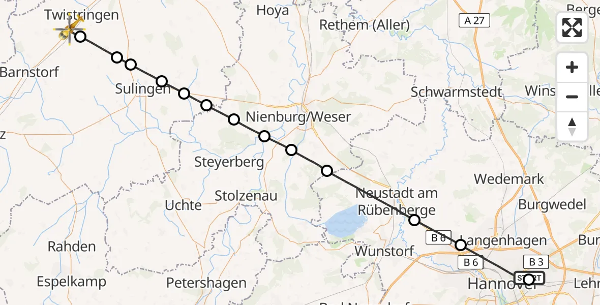 Flugroute Rettungshubschrauber Hannover Luftrettung Hubschrauberlandeplatz (Christoph 4) - Twistringen, 18 Mai 2026, 08:10