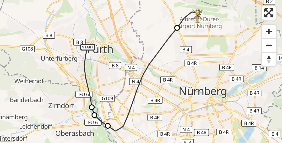 Flugroute Ambulanzhubschrauber Fürth - Flughafen Nuremberg, 18 Mai 2026, 08:17