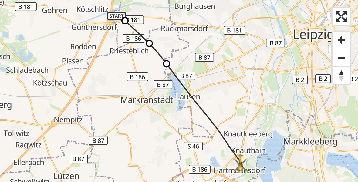 Flugroute Rettungshubschrauber ADAC Air Rescue Station Leipzig/Schkeuditz-Dölzig Hubschrauberlandeplatz (Christoph 61) - Leipzig, 18 Mai 2026, 08:19