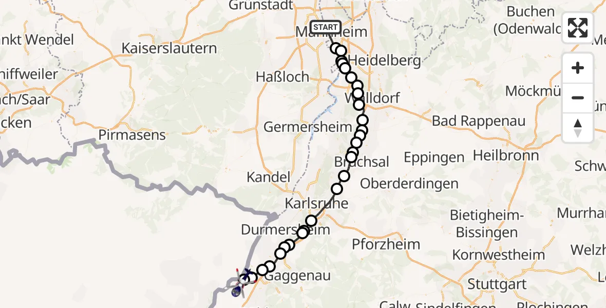 Flugroute Polizeihubschrauber Mannheim - Karlsruhe Baden-Baden Flughafen, 18 Mai 2026, 08:23