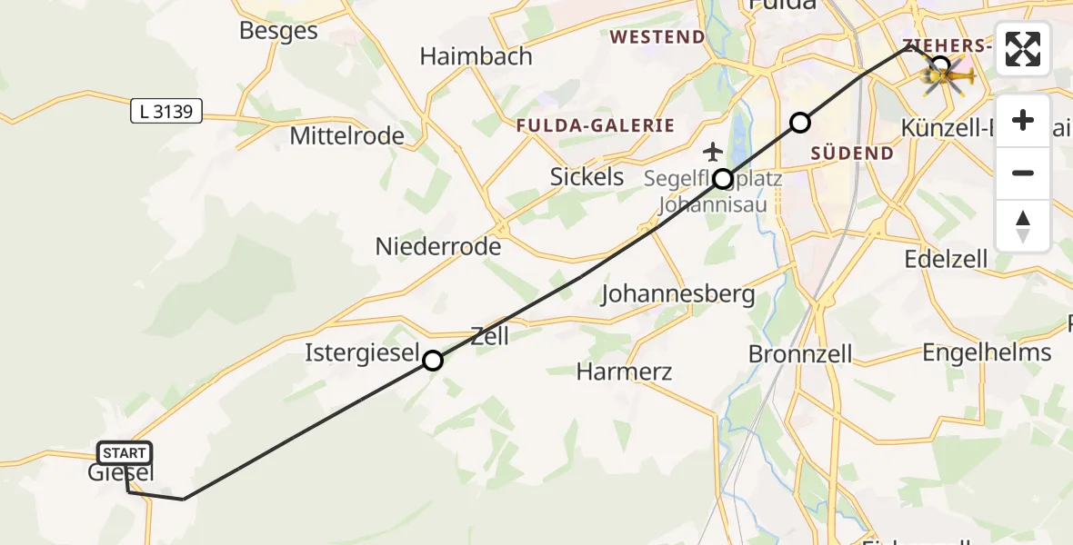 Flugroute Rettungshubschrauber Neuhof - Fulda Hospital, 18 Mai 2026, 08:25