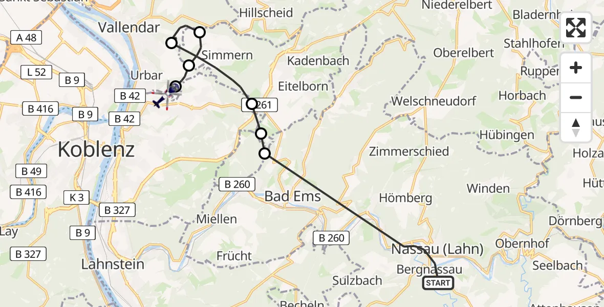 Flugroute Polizeihubschrauber Nassau - Koblenz, 18 Mai 2026, 08:28