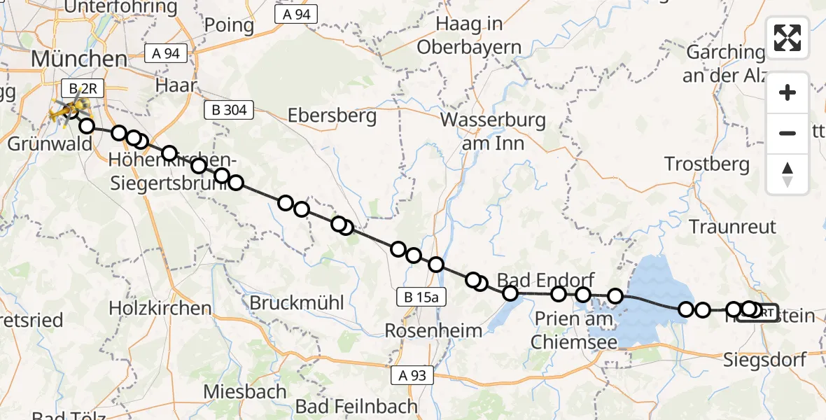 Flugroute Rettungshubschrauber Traunstein Hospital - ADAC Air Rescue Center Hubschrauberlandeplatz (Christoph 1), 18 Mai 2026, 08:29