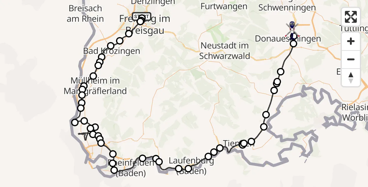 Flugroute Polizeihubschrauber Freiburg im Breisgau Flugplatz - Donaueschingen-Villingen Flugplatz, 18 Mai 2026, 08:29
