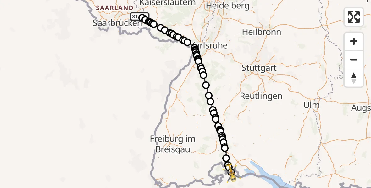 Flugroute Rettungshubschrauber Homburg - Gailingen am Hochrhein, 18 Mai 2026, 08:30