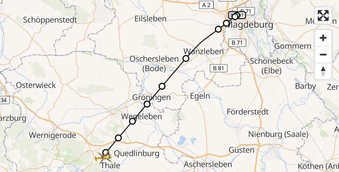 Flugroute Rettungshubschrauber Magdeburg Hospital - Blankenburg (Harz), 18 Mai 2026, 08:32