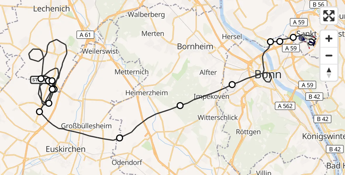 Flugroute Polizeihubschrauber Erftstadt - Bonn-Hangelar Flugplatz, 18 Mai 2026, 08:38