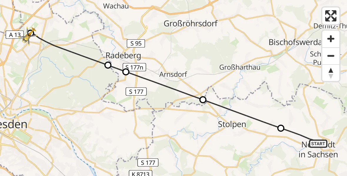 Flugroute Rettungshubschrauber Neustadt in Sachsen - Dresden Bundespolizei Hubschrauberlandeplatz, 18 Mai 2026, 08:39