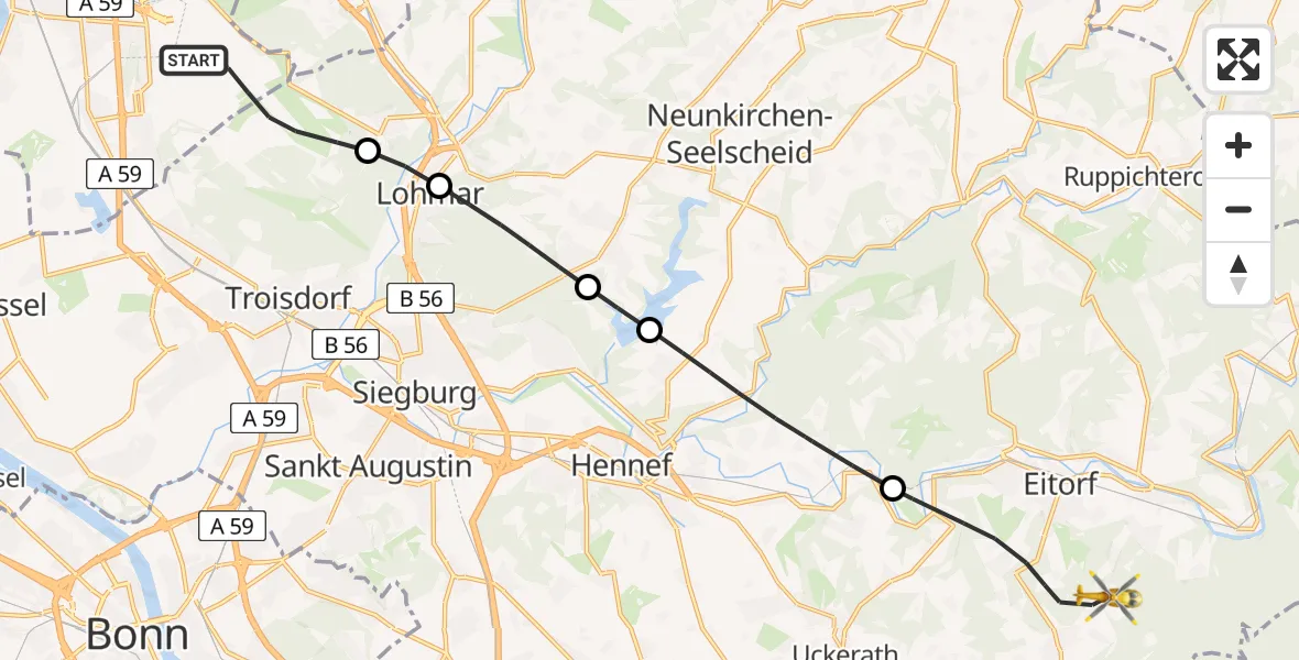Flugroute Rettungshubschrauber Köln Bonn Flughafen - Eitorf, 18 Mai 2026, 08:40