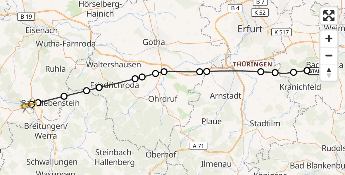 Flugroute Ambulanzhubschrauber Bad Berka - Bad Salzungen, 18 Mai 2026, 08:41
