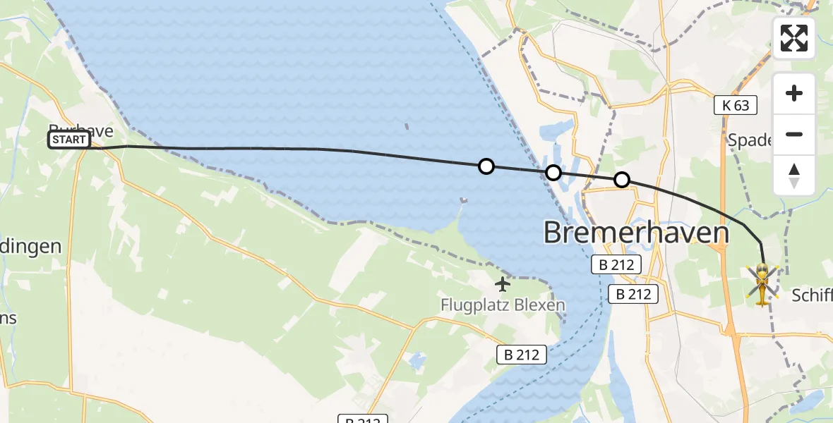 Flugroute Rettungshubschrauber Butjadingen - Bremerhaven, 18 Mai 2026, 08:46