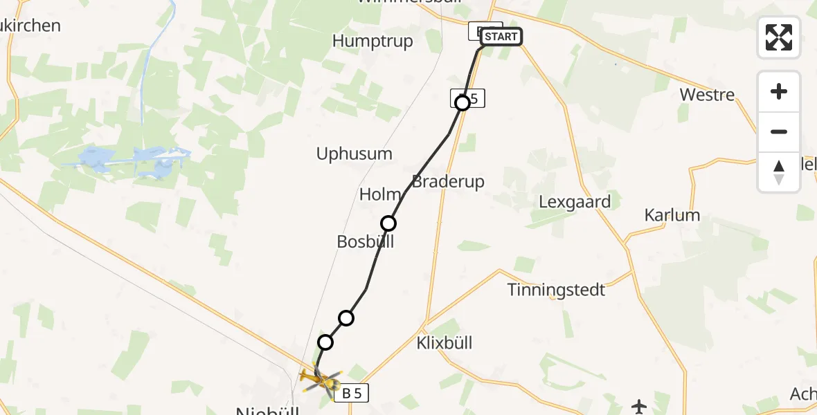 Flugroute Rettungshubschrauber Süderlügum - Niebüll, 18 Mai 2026, 08:47