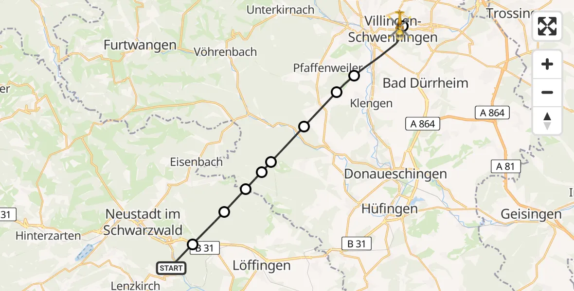 Flugroute Rettungshubschrauber Lenzkirch - DRF Air Rescue Station Villingen-Schwenningen Hubschrauberlandeplatz (Christoph 11), 18 Mai 2026, 08:49