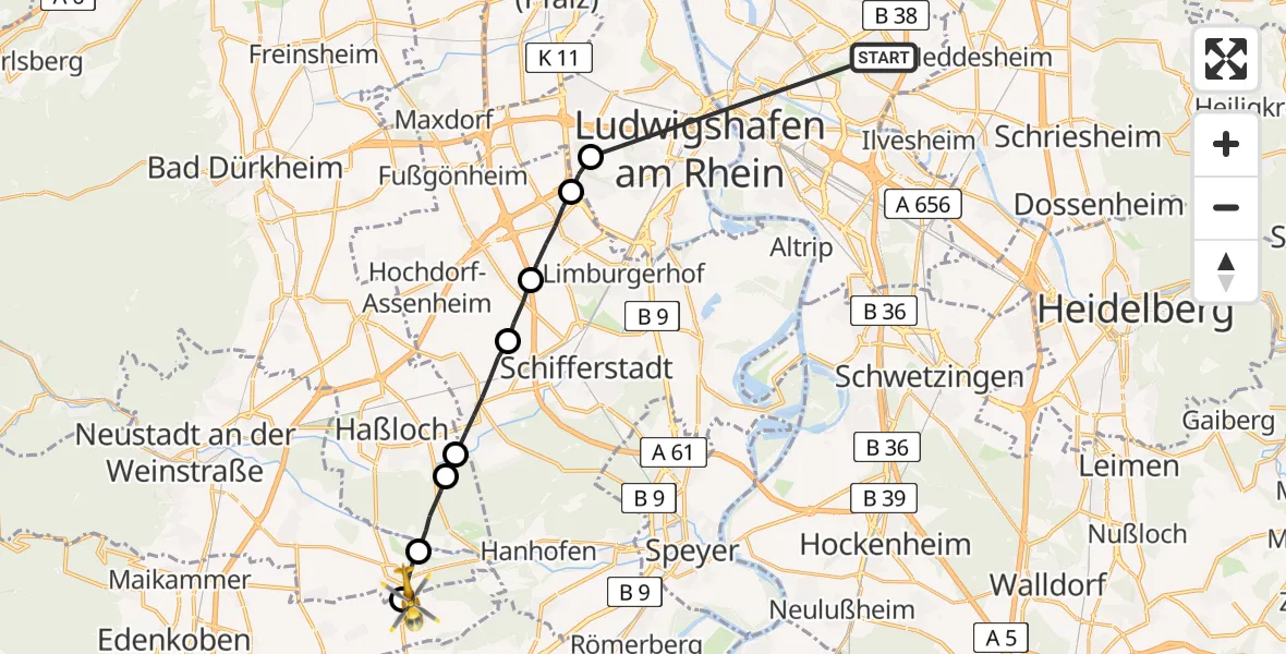 Flugroute Rettungshubschrauber Mannheim - Gommersheim, 18 Mai 2026, 08:51