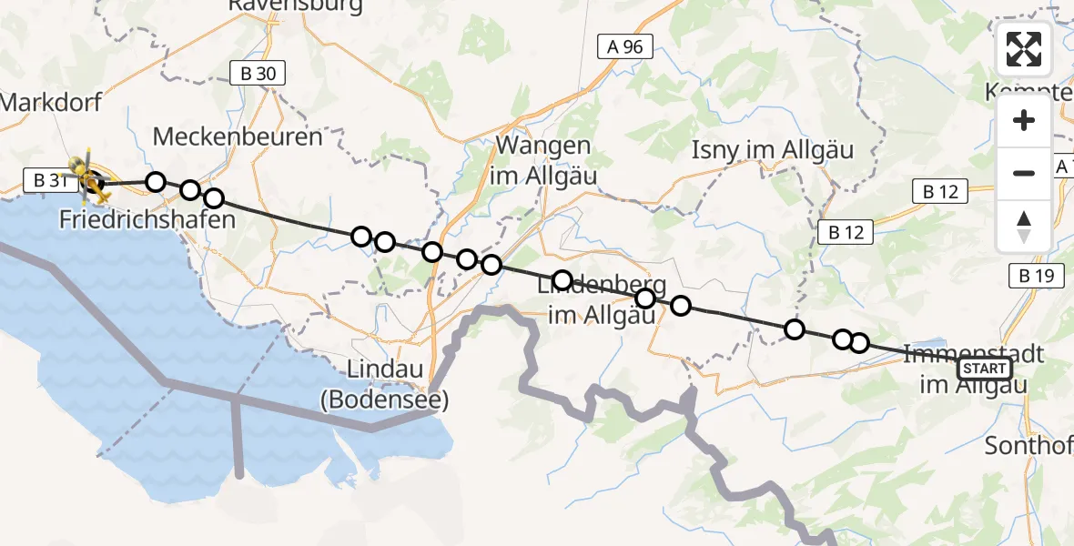 Flugroute Rettungshubschrauber Immenstadt i.Allgäu - Friedrichshafen Hospital, 18 Mai 2026, 08:53