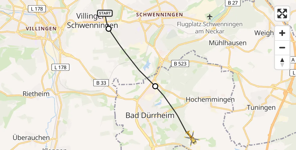 Flugroute Rettungshubschrauber DRF Air Rescue Station Villingen-Schwenningen Hubschrauberlandeplatz (Christoph 11) - Bad Dürrheim, 18 Mai 2026, 08:56