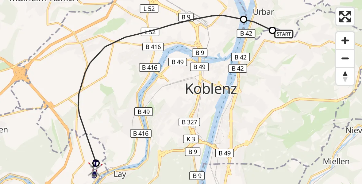 Flugroute Polizeihubschrauber Koblenz - Koblenz-Winningen Flugplatz, 18 Mai 2026, 08:56