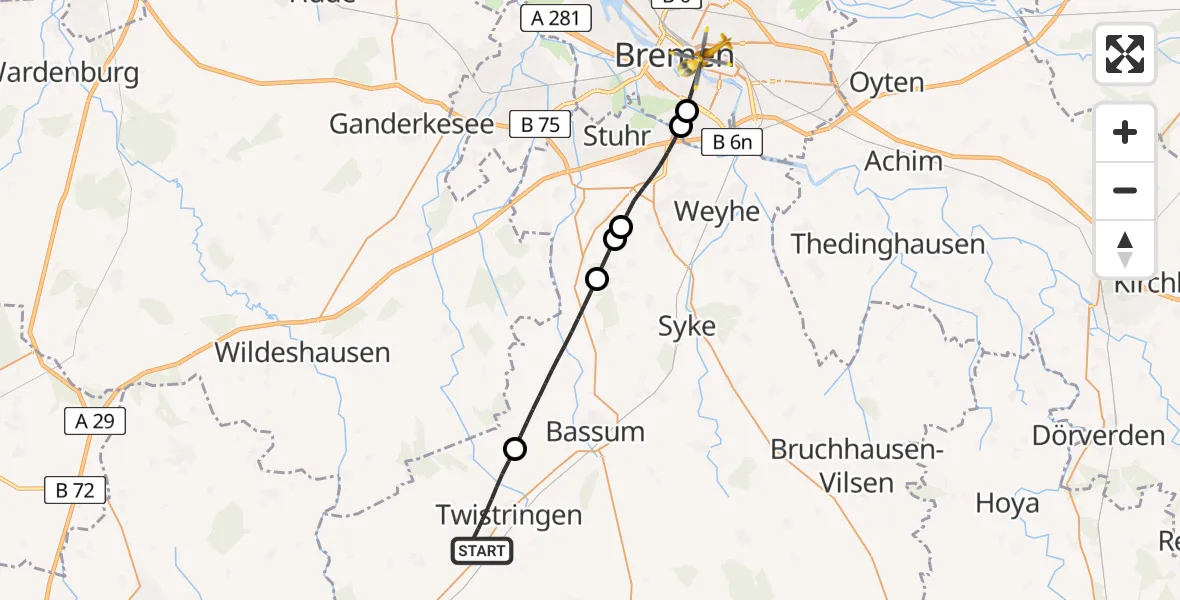 Flugroute Rettungshubschrauber Twistringen - Bremen, 18 Mai 2026, 08:57