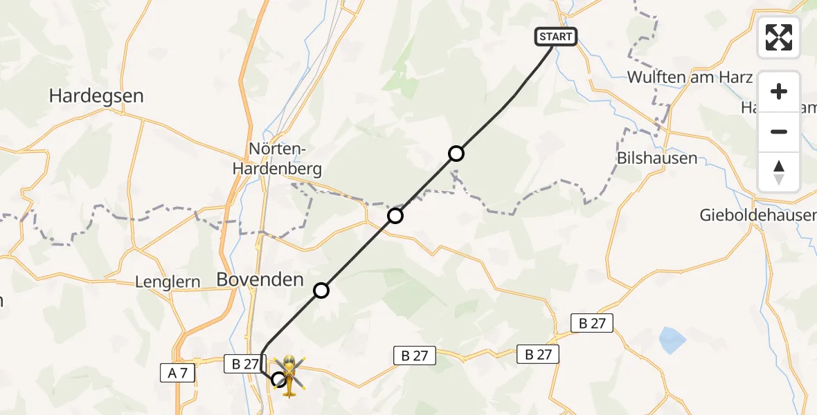 Flugroute Rettungshubschrauber Katlenburg-Lindau - Göttingen University Clinic Hubschrauberlandeplatz, 18 Mai 2026, 08:58