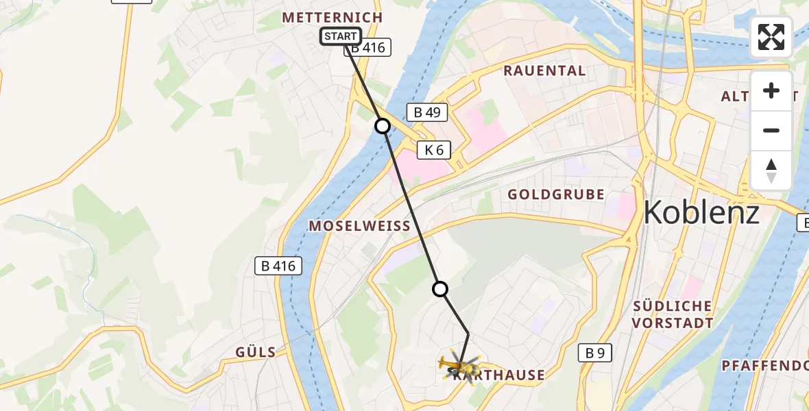 Flugroute Rettungshubschrauber Koblenz - Koblenz, 18 Mai 2026, 08:59