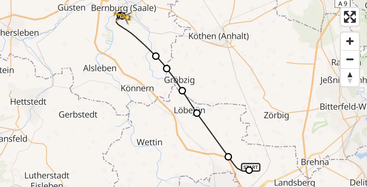 Flugroute Rettungshubschrauber Halle-Oppin Flugplatz - AMEOS Hospital Bernburg, 18 Mai 2026, 09:01