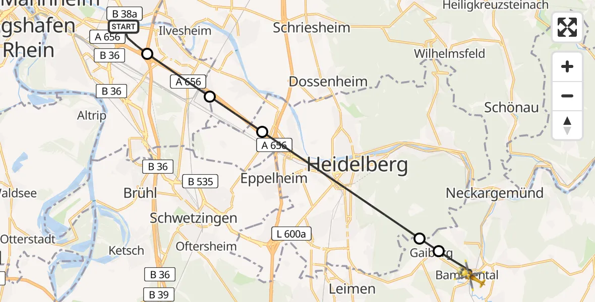 Flugroute Rettungshubschrauber Mannheim-City Flughafen - Bammental, 18 Mai 2026, 09:04