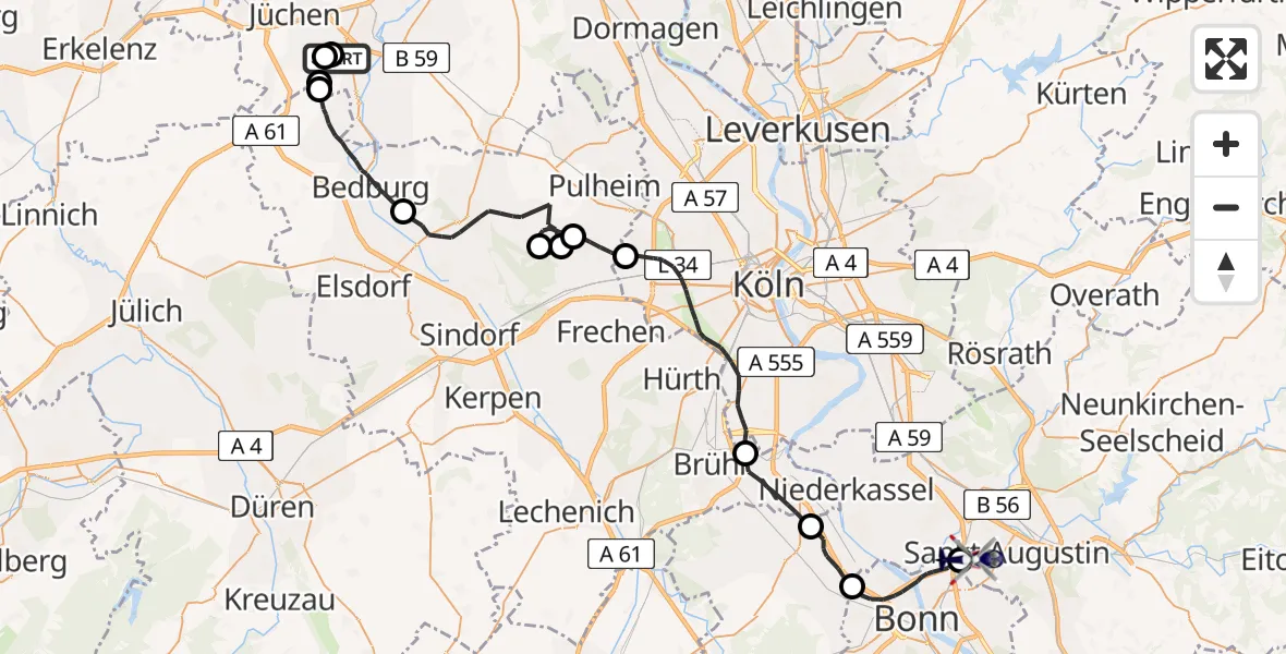 Flugroute Polizeihubschrauber Gustorfer Höhe Flugplatz - Sankt Augustin, 18 Mai 2026, 09:13