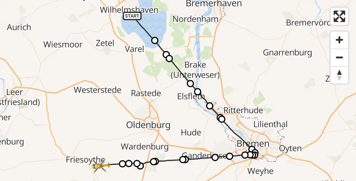 Flugroute Rettungshubschrauber Wilhelmshaven - Bösel, 18 Mai 2026, 09:17
