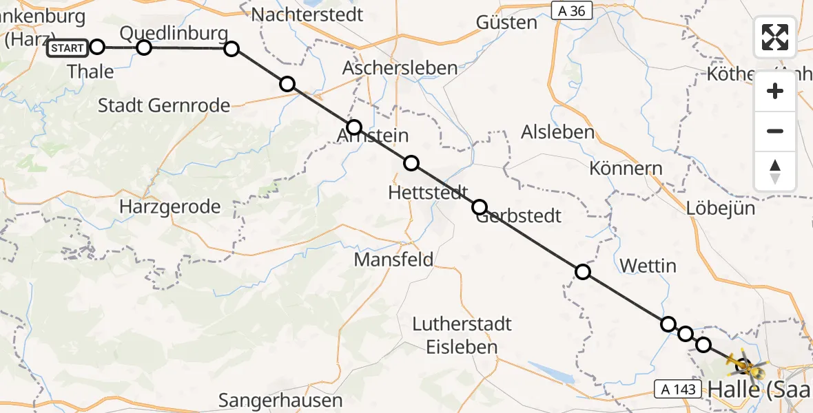 Flugroute Rettungshubschrauber Blankenburg (Harz) - Halle (Saale) University Hospital, 18 Mai 2026, 09:19