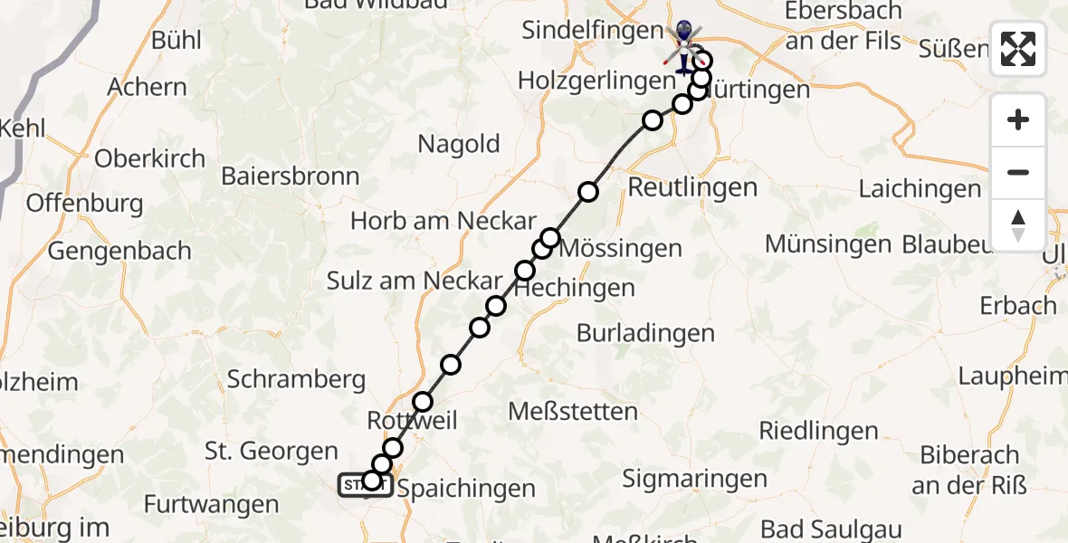 Flugroute Polizeihubschrauber Villingen-Schwenningen - Flughafen Stuttgart, 18 Mai 2026, 09:22