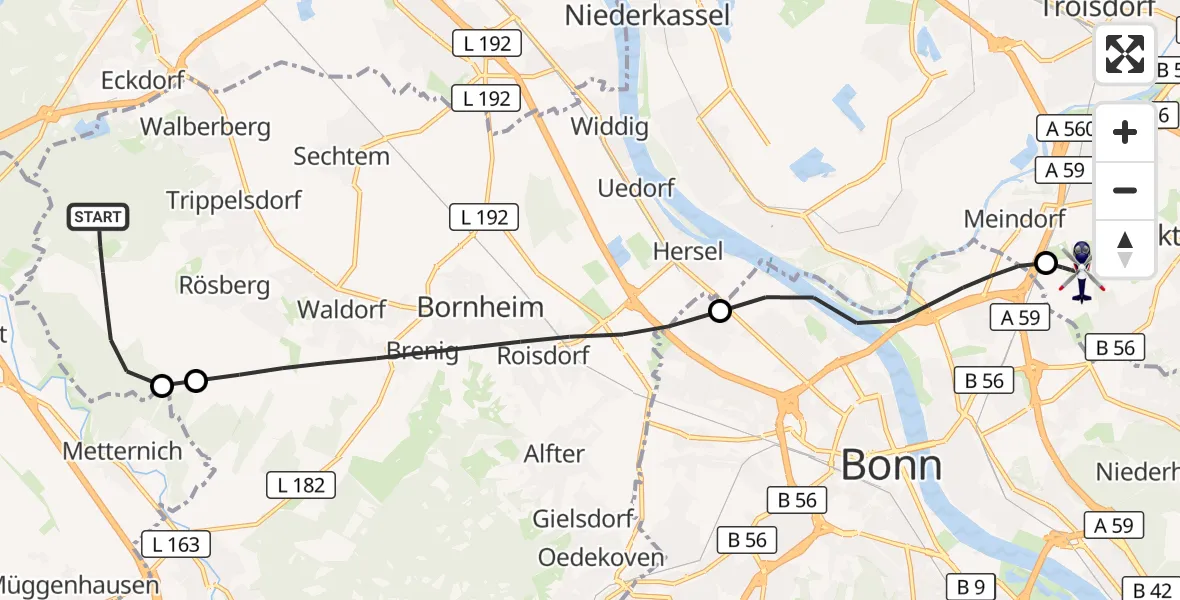 Flugroute Polizeihubschrauber Bornheim - Sankt Augustin, 18 Mai 2026, 09:22
