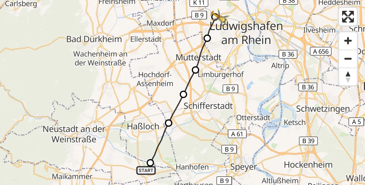 Flugroute Rettungshubschrauber Neustadt an der Weinstraße - Ludwigshafen Accident Hospital, 18 Mai 2026, 09:26