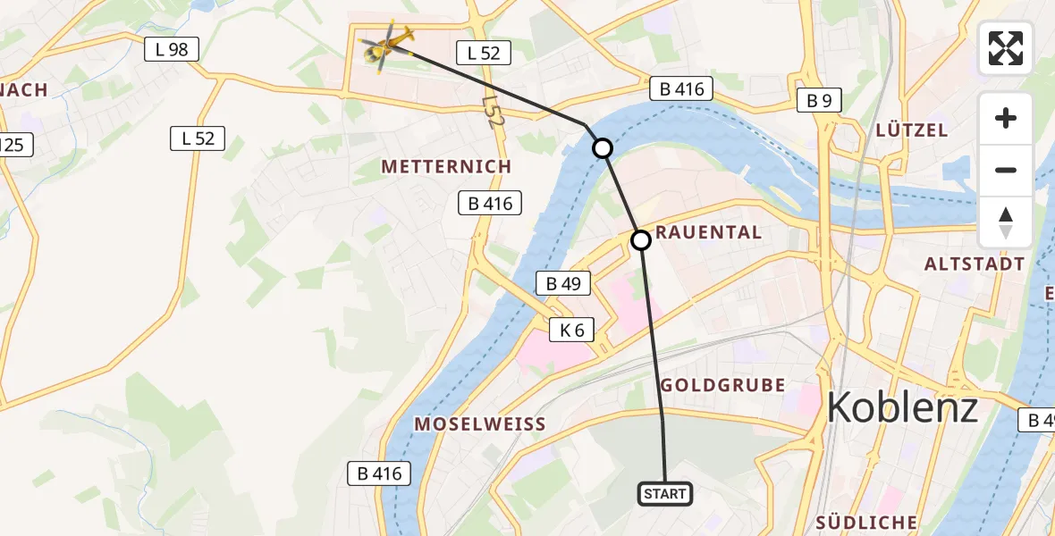 Flugroute Rettungshubschrauber Koblenz - Koblenz, 18 Mai 2026, 09:28