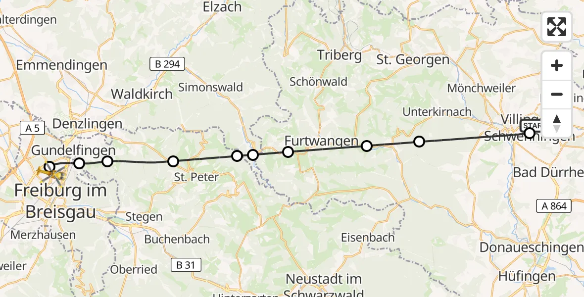 Flugroute Rettungshubschrauber DRF Air Rescue Station Villingen-Schwenningen Hubschrauberlandeplatz (Christoph 11) - Freiburg im Breisgau Flugplatz, 18 Mai 2026, 09:38
