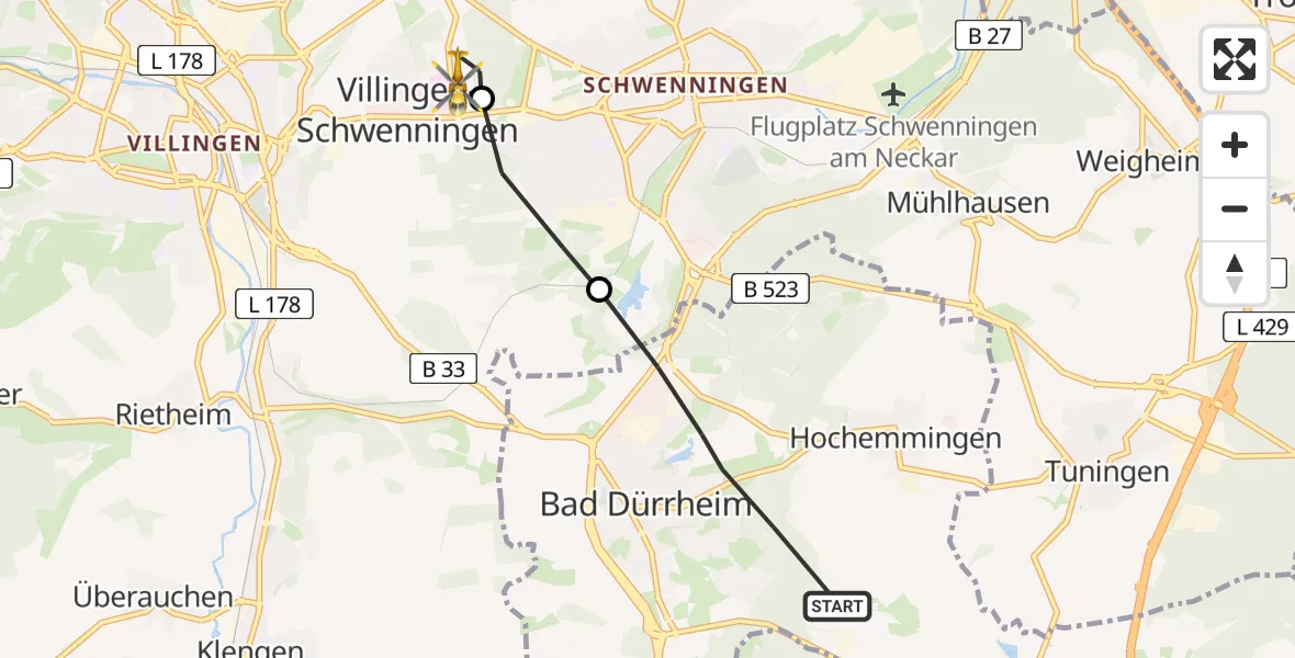 Flugroute Rettungshubschrauber Bad Dürrheim - DRF Air Rescue Station Villingen-Schwenningen Hubschrauberlandeplatz (Christoph 11), 18 Mai 2026, 09:39