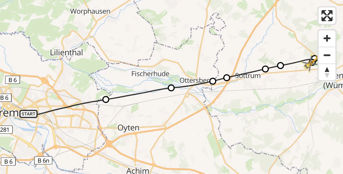 Flugroute Rettungshubschrauber Bremen - Rotenburg (Wümme) Flugplatz, 18 Mai 2026, 09:39