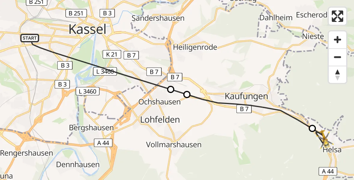 Flugroute Rettungshubschrauber Kassel - Helsa, 18 Mai 2026, 09:40