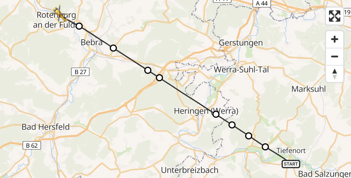 Flugroute Ambulanzhubschrauber Bad Salzungen - Rotenburg a.d.Fulda, 18 Mai 2026, 09:40