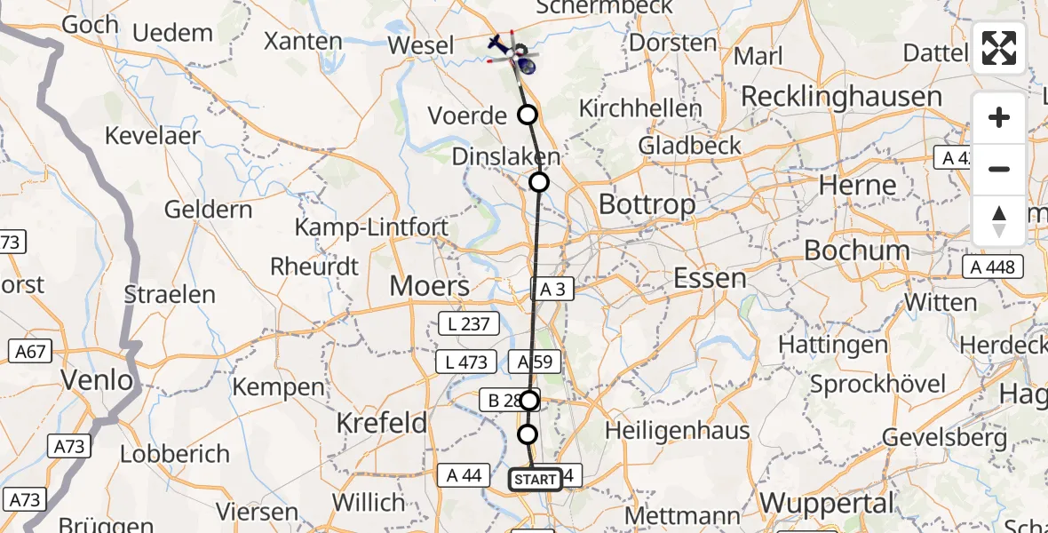 Flugroute Polizeihubschrauber Düsseldorf Flughafen - Hünxe, 18 Mai 2026, 09:42