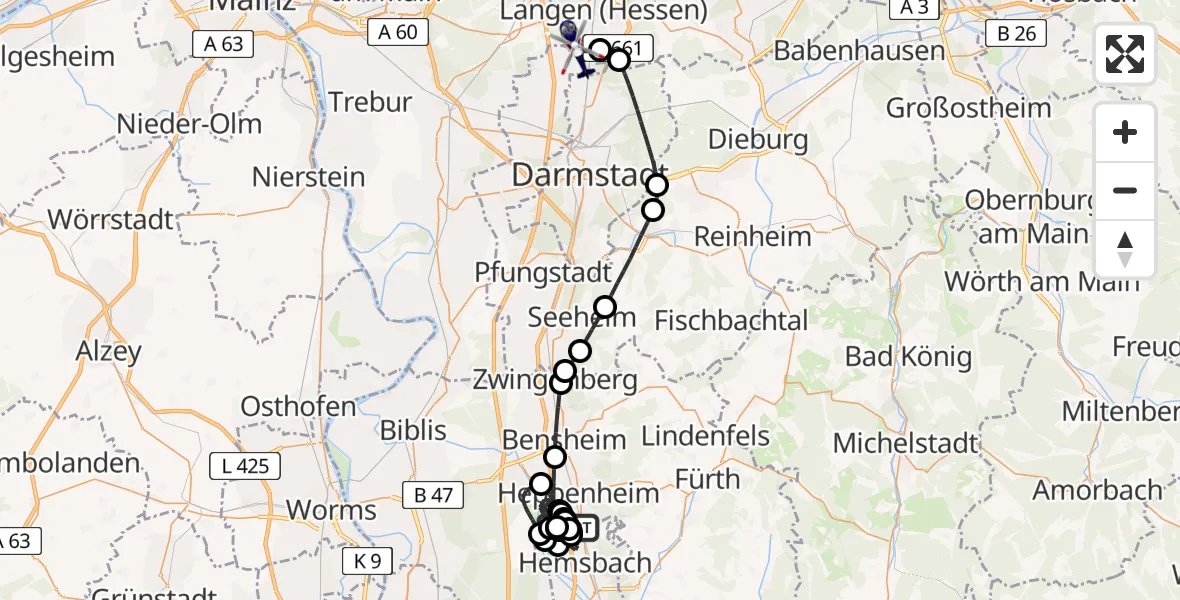 Flugroute Polizeihubschrauber Segelflugplatz Heppenheim - Flughafen Frankfurt-Egelsbach, 18 Mai 2026, 09:46